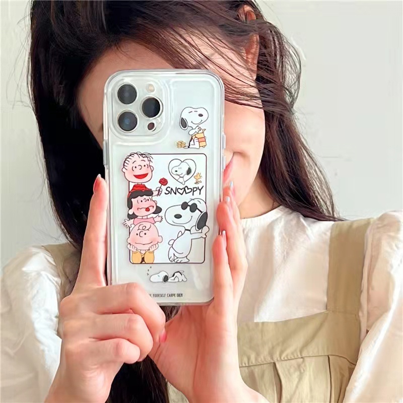 For IPhone 13 Pro Max 12 11 ProMax Mini X Xs Xr 6 6s 7 8 Plus SE 2020 6+ 6s+ 7+ 8+ Xsmax 13Promax 12Promax 11Promax Cartoon Snoopy Fine Hole Lens Protection TPU Shockproof Clear Soft Phone Case Cover 1STD 05