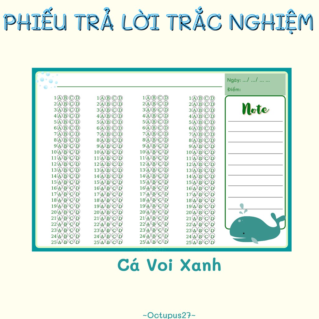 [Set 50 Phiếu Trả Lời Trắc Nghiệm Con Vật] Phiếu Trả Lời Trắc Nghiệm Do Octopus27 Thiết Kế