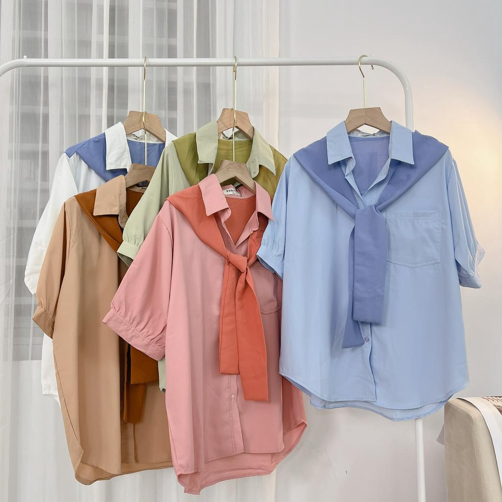 Áo Sơ Mi Nữ Màu Kèm Khăn Choàng Hàn Quốc Xinh Xắn Ngắn Tay, Sơ Mi Cột Nơ Tay Ngắn Phồng Freesize SUBICI