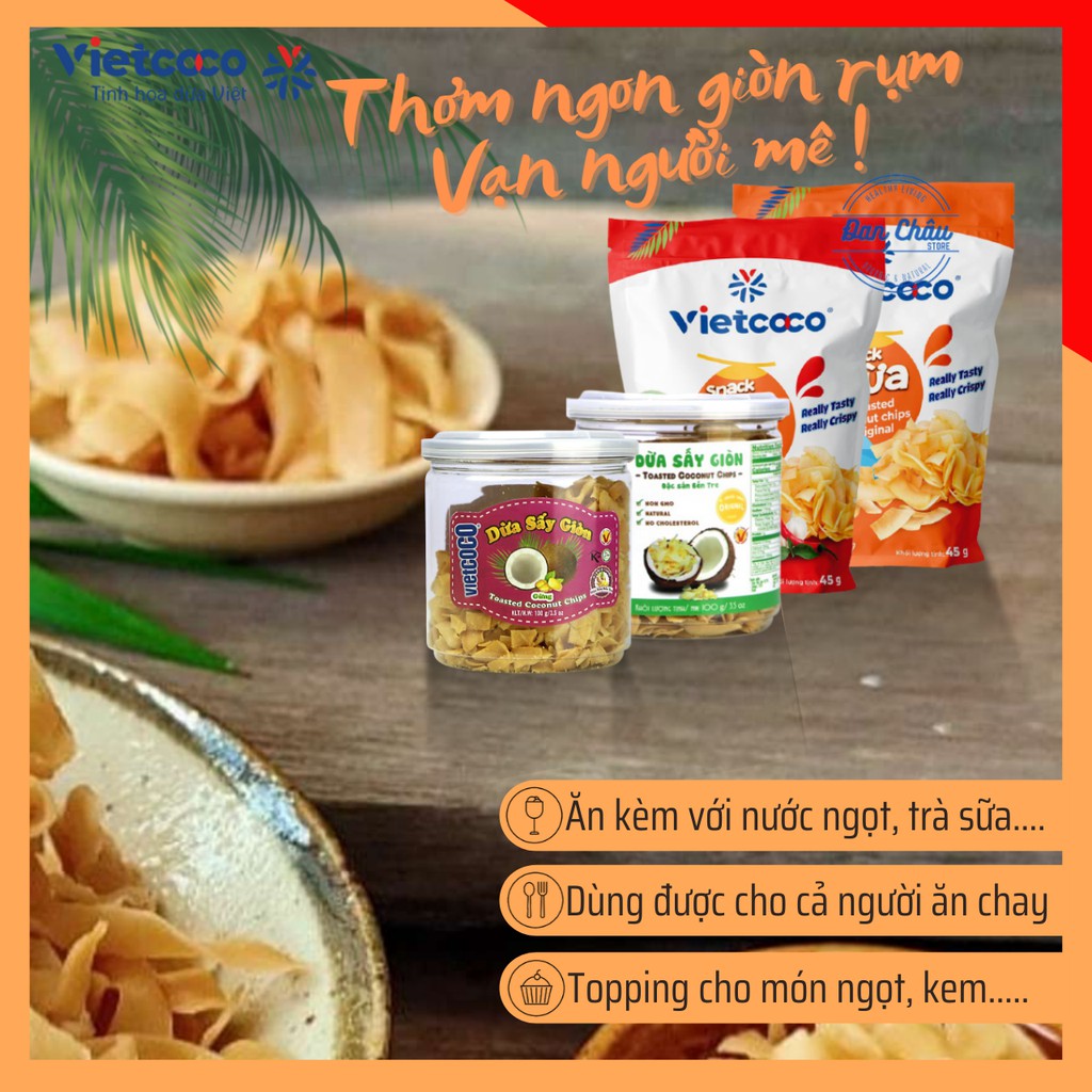 Dừa Sấy Giòn VIETCOCO Snack Dừa Vị Tỏi Ớt Và Nguyên Vị , Dùng Ăn Vặt, Dùng Chung Với Nước Giải Khát, Làm Bánh -Hũ 100gr