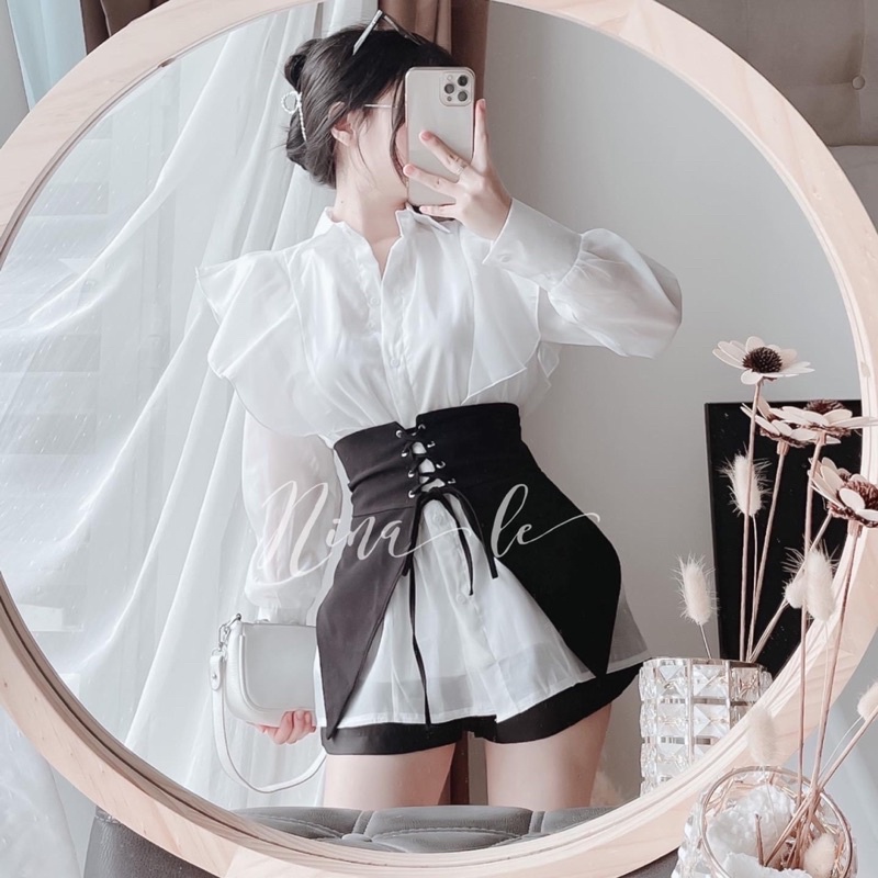 Set sơ mi tơ hàn 3 món có lót kèm áo đan oze quần short