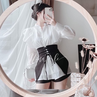 Set sơ mi tơ hàn 3 món có lót kèm áo đan oze quần short