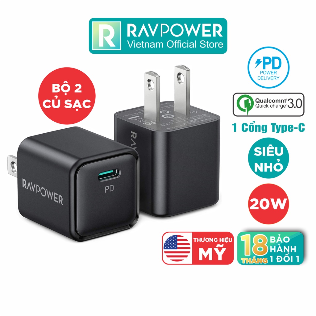Bộ 2 Củ Sạc Nhanh 20W Siêu Nhỏ RAVPower RP-PC150 Type C PD 3.0 Sạc Nhanh iPhone, iPad, Android - Hàng Chính Hãng