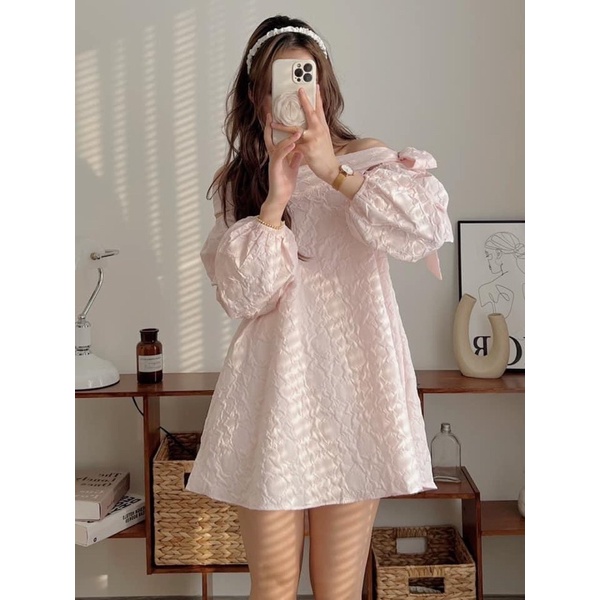 [HÀNG SẴN] Áo trễ vai tiểu thư thắt nơ bên - Váy Trễ Vai Thắt Nơ Dáng Babydoll Xòe Hai Lớp Chất Tafta