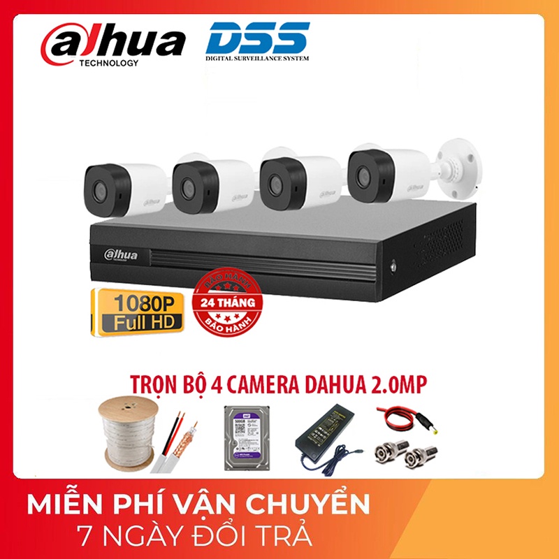 [FREESHIP⚡️]Trọn Bộ Camera giám sát Dahua 2.0MP Chính hãng DSS - Đủ bộ 4 mắt FHD, Kèm HDD 500GB + Đủ phụ kiện tự lắp đặt