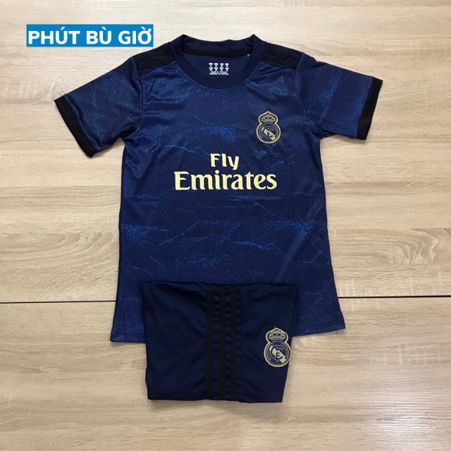 Bộ quần áo đá bóng trẻ em, áo đá banh trẻ em Real màu xanh đen sân khách cao cấp mẫu mới 2019-2020