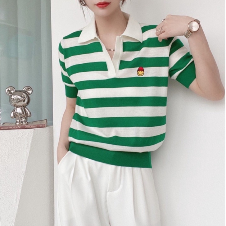 Áo thun ZHELIHANGFEI dệt kim ngắn tay họa tiết kẻ sọc trẻ trung