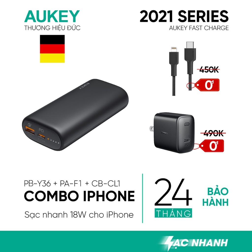 Combo AUKEY Pin Sạc Dự Phòng 10.000 mAh PB-Y36, Cốc Sạc Nhanh PA-F1, Cáp C To Lightning | BigBuy360 - bigbuy360.vn