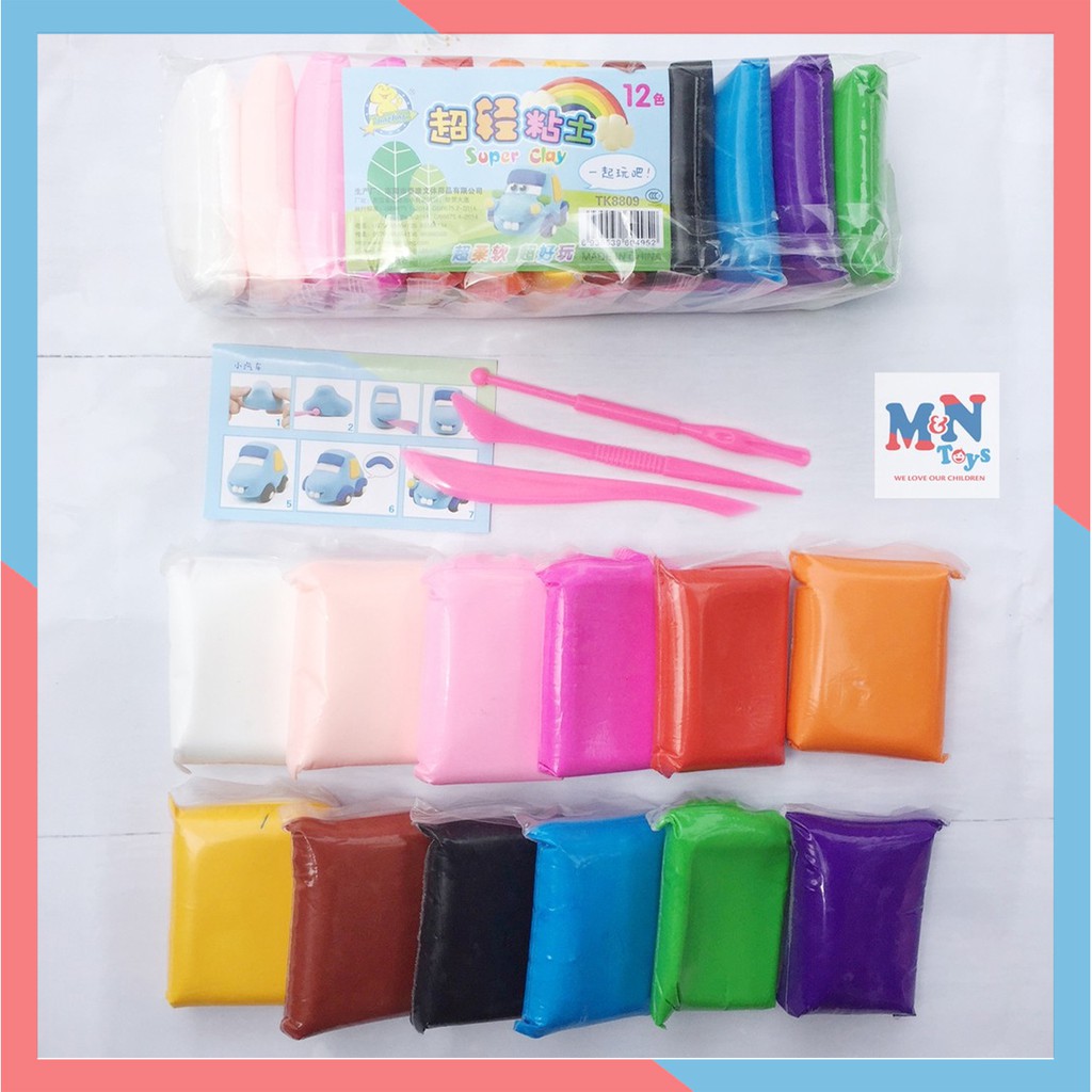 Đất sét nhật tự khô an toàn Lốc 12 màu cao cấp Softclay nặn hình, làm Butter slime kèm bộ cây tạo hình