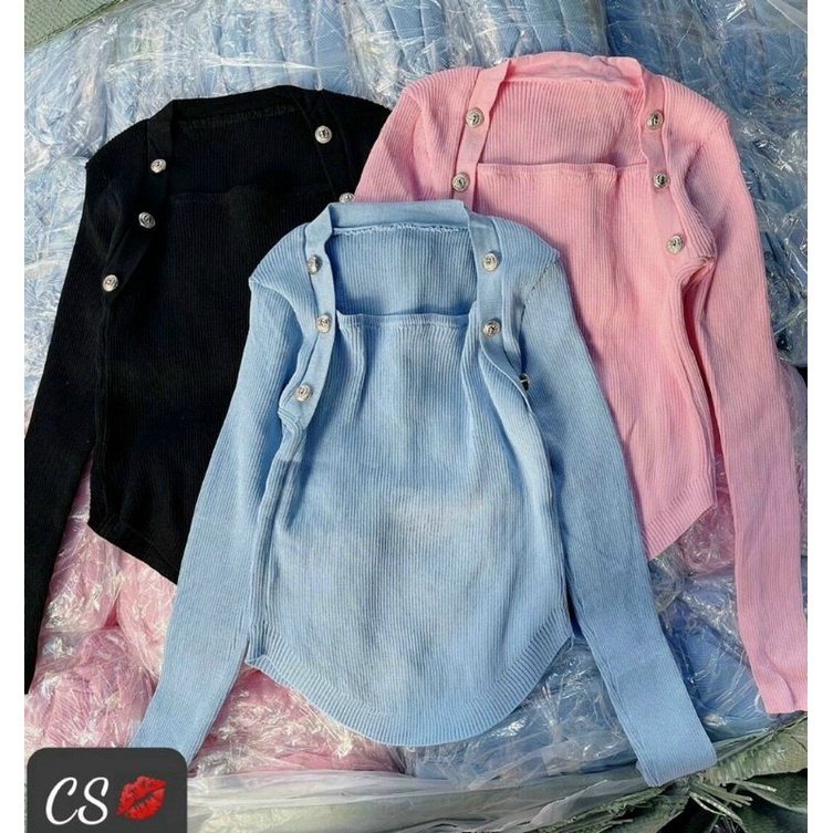 Áo cổ U tay dài  phối nút viền vạt bầu phong cách hiện hàn quốc(A15