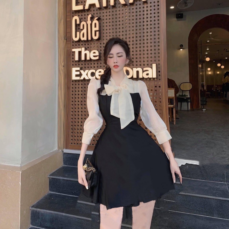 ĐẦM PHỐI ĐEN - KEM THẮT NƠ |hình thật chụp sàn|