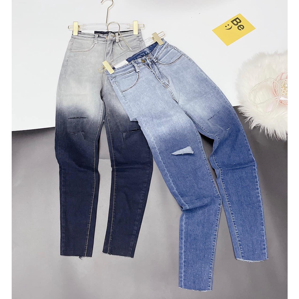 Quần jeans ôm loang đen rách gối co giãn lưng cao . MET SHOP