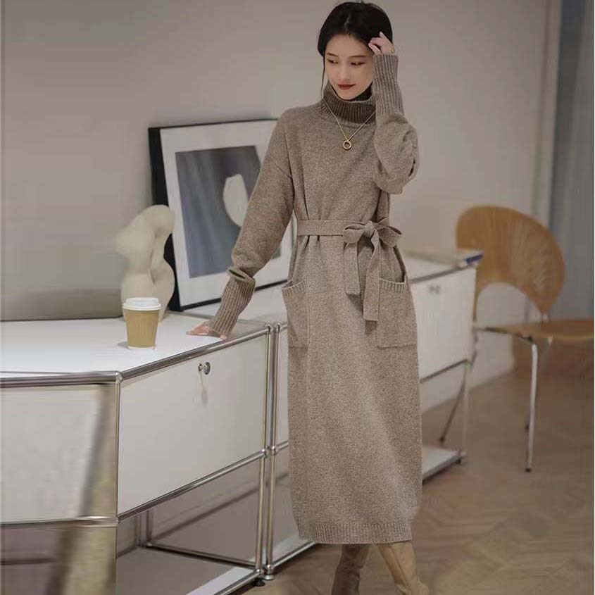 Áo Khoác Len Dệt Kim Dài Qua Gối Cổ Cao Thời Trang Thu Đông Phong Cách Nhật Hàn