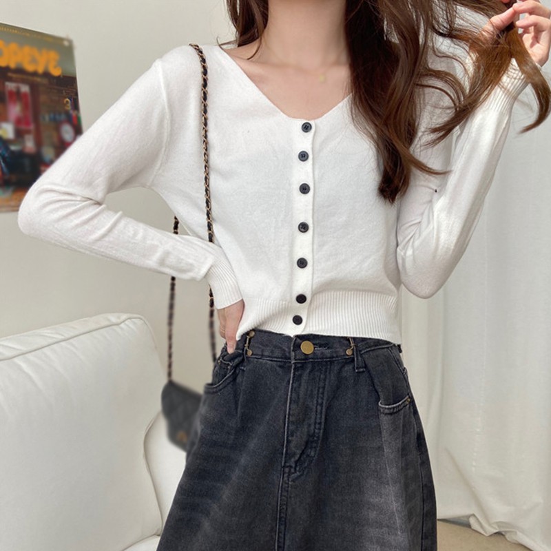 Áo Cardigan Dệt Kim Tay Dài Thiết Kế Cổ Chữ V Thanh Lịch