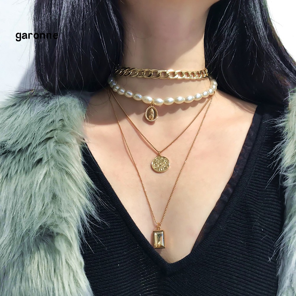 Dây chuyền nhiều lớp đính ngọc trai giả thời trang