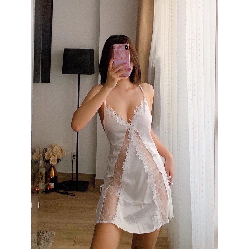 Đồ ngủ sexy / Đầm 2 dây phối ren hoa xẻ tà, chất liệu satin cao cấp loại 1, kèm quần đùi so cute, freesize dưới 65kg | BigBuy360 - bigbuy360.vn