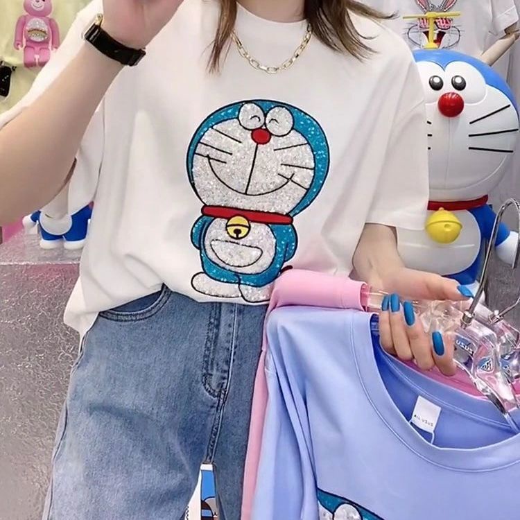 Áo thun nữ ngắn tay cổ tròn in hình Doraemon đính kim cương phong cách Hàn Quốc
