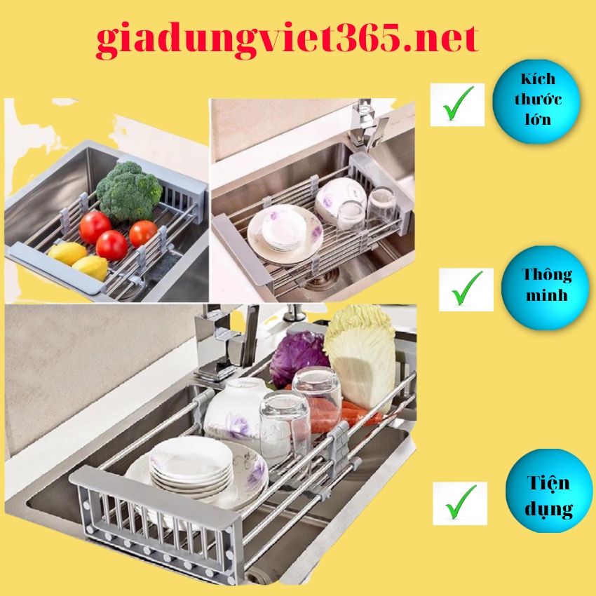 Kệ inox gác bồn rửa chén đa năng - rổ úp cho chậu rửa bát - khay rút gọn siêu tiện lợi