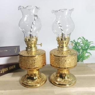 Đèn dầu sứ kim sa vàng Tâm Pháp cao 18cm