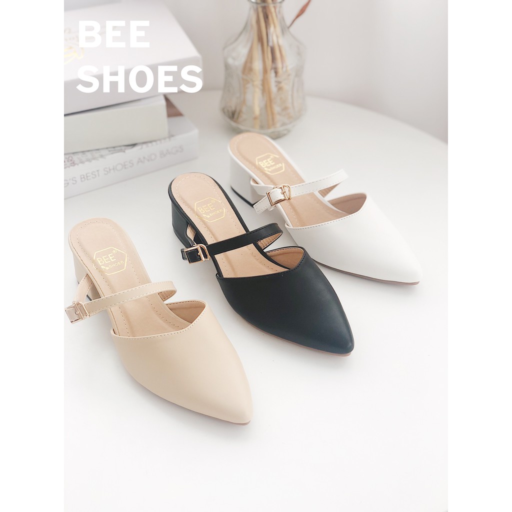 BEESHOES - GIÀY SỤC NỮ MŨI NHỌN 1 DÂY NGANG DA MỀM - GIÀY SỤC NỮ GÓT VUÔNG CAO 5 PHÂN SẴN MÀU ĐEN - BE - TRẮNG 201069