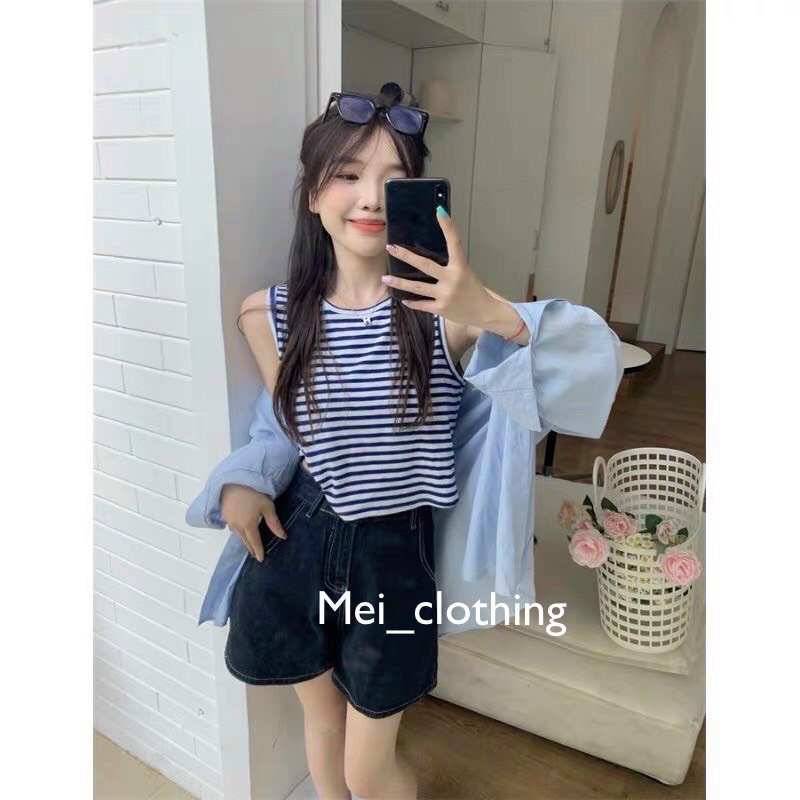 Set sơmi trơn kèm áo ba lỗ kẻ sọc phong cách Hàn Quốc, sơ mi nữ