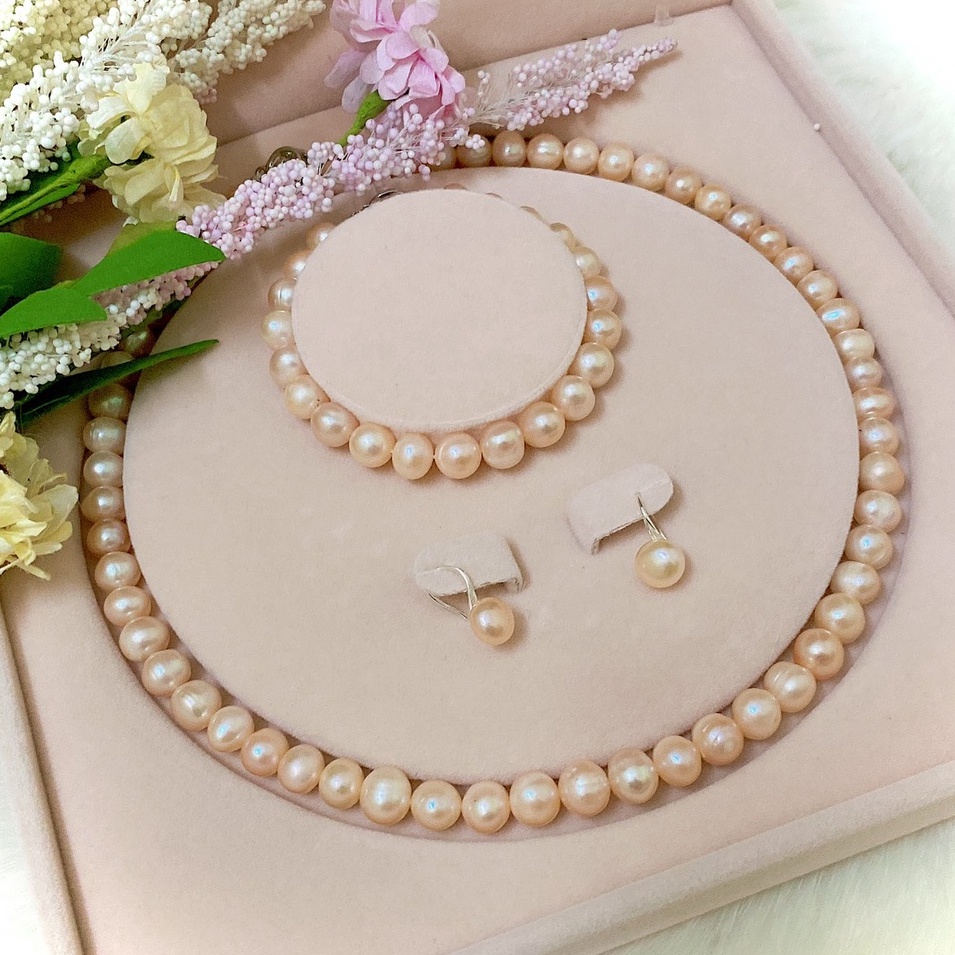 Bộ vòng cổ, vòng tay trai thật nước ngọt 8li hồng ánh cam phối bông tai móc bạc TRÁNG SỨC BẠC VÀ TRAI