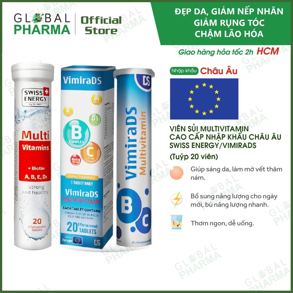 [CHÍNH HÃNG CHÂU ÂU] Viên Sủi Multi Bổ Sung Vitamin E, Vitamin C, D3, A, B... Swiss Energy/ VimiraDS (Tuýp 20v) | Thế Giới Skin Care