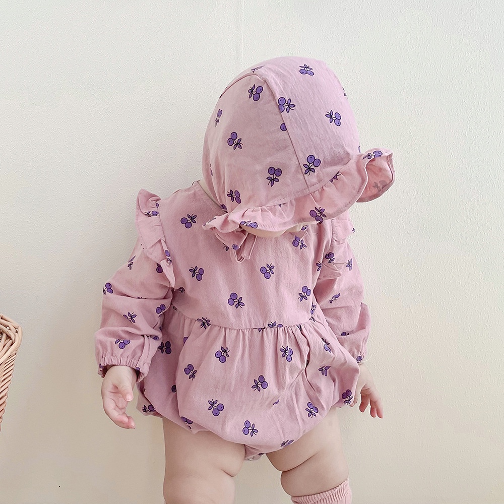 Bộ Áo Liền Quần Tay Dài In Hình Quả Cherry + 2 Mũ Thời Trang Mùa Thu Cho Bé Gái Sơ Sinh