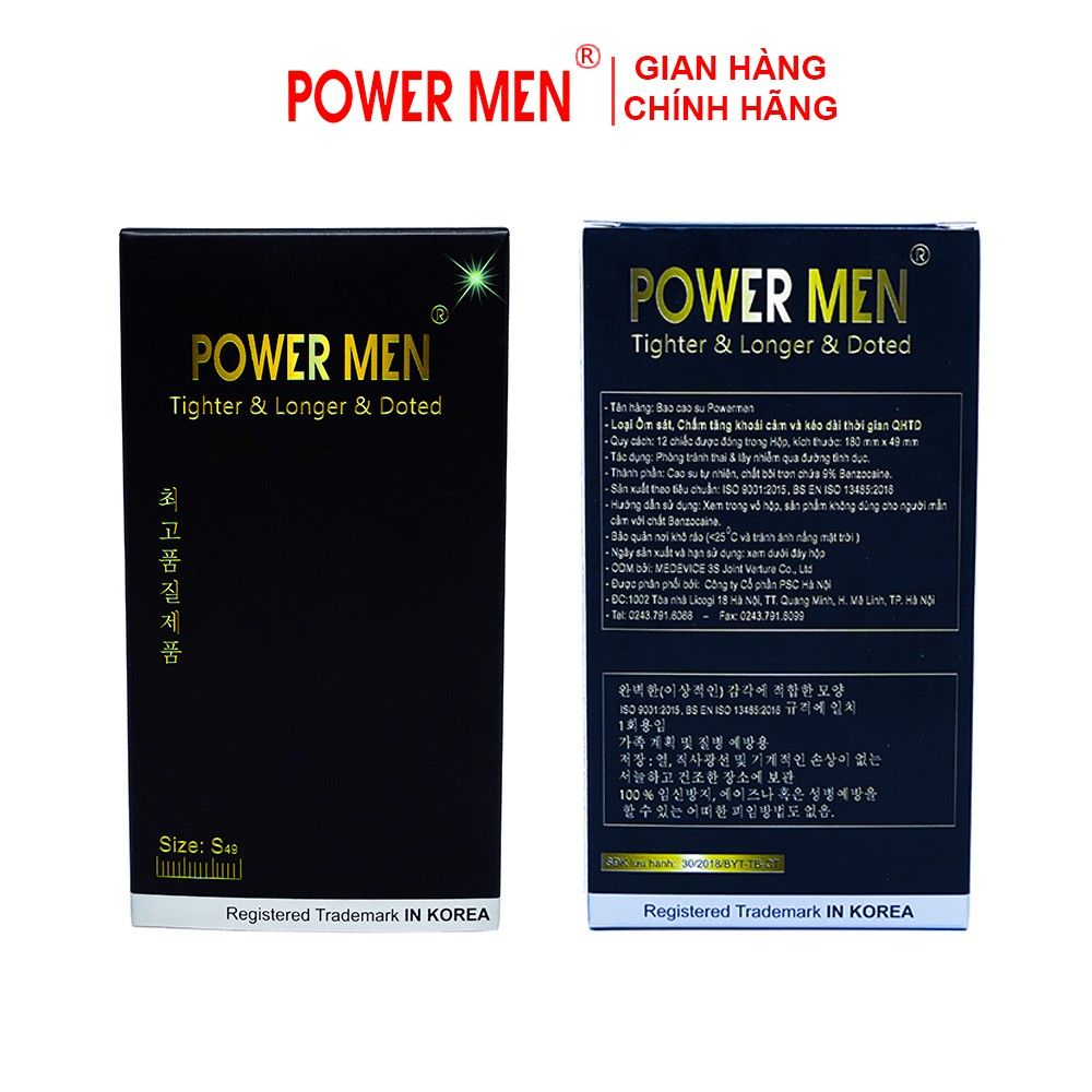 Bao cao su Power Men Tighter & Longer & Dotted Ôm sát, Tăng khoái cảm và Kéo dài size nhỏ 49mm Hộp 12 bao (TDU12)