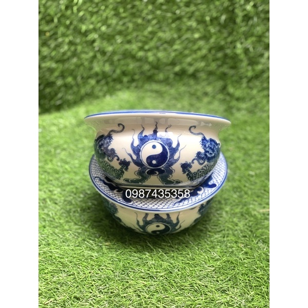 Bát hương dáng lựu vẽ rồng men lam size to hàng đẹp L1 gốm Bát Tràng