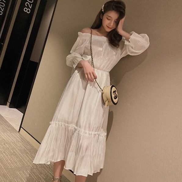 Đầm xòe tay nhún, vải gân bóng sang trọng