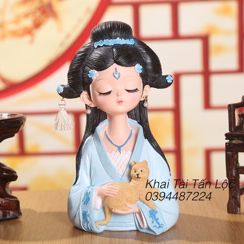 Tượng cô gái cổ trang ôm mèo cao 9,5cm