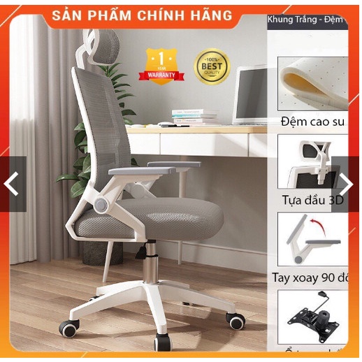 Ghế Xoay Văn Phòng - Công Thái Học, Tựa Đầu 3D, Tay Vịn Thông Minh, Ngả lưng 35 độ,Ngồi làm việc thoải mái với lưng lưới