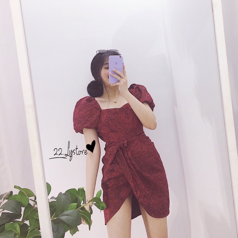 ĐẦM gấm đỏ tay phồng xẻ có lót quần - 22.Lystore