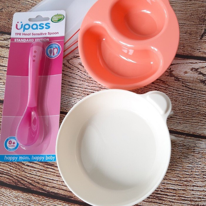 Combo 2 bát ăn dặm inomata Nhật kèm thìa báo nóng upass thái Lan + tặng 5 túi zipper 12x17cm - KBN 112716 / 112730