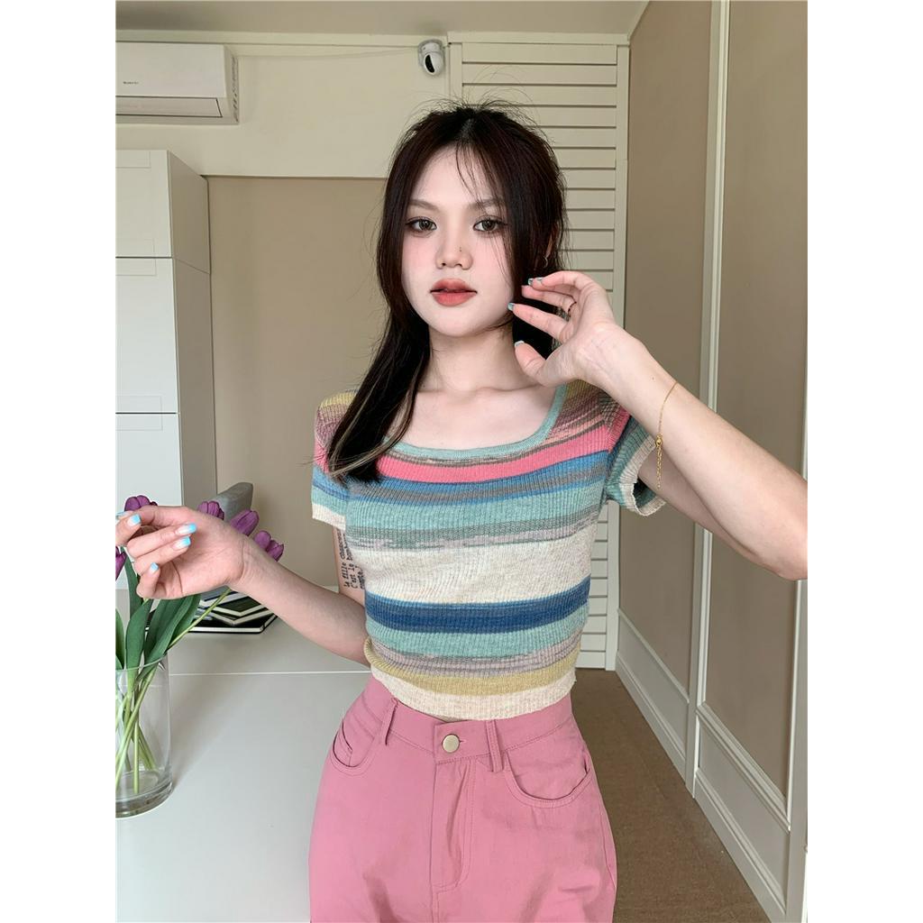 Áo sweater Mỏng Sáp Mềm Cổ Vuông Tay Ngắn Kẻ Sọc Màu Tương Phản Thời Trang Mùa Hè Cho Nữ