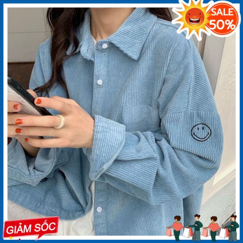 Sơ Mi Oversize Mặt Cười Chất Nhung Tăm (Sẵn Xanh, Hồng/Trắng đang về) 978A