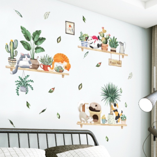 Decal trang trí tường - Những chú mèo phá trên kệ chậu cây