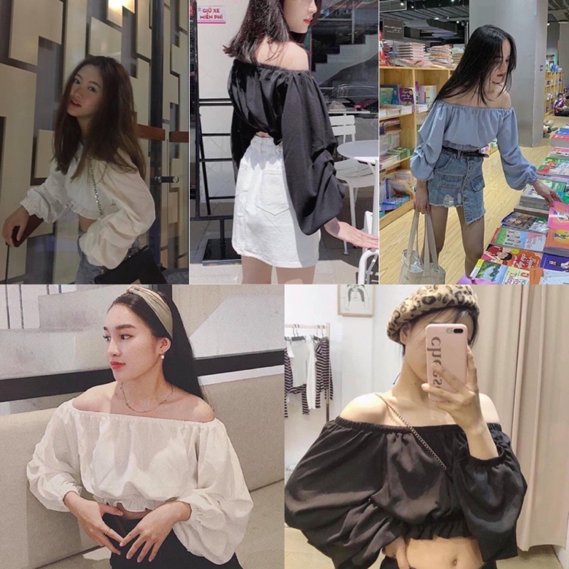 ÁO KAIA CROPTOP - ÁO TRỄ VAI TAY DÀI SIÊU XINH - Áo croptop trễ vai tay phồng nhíu chỉ ulzzang