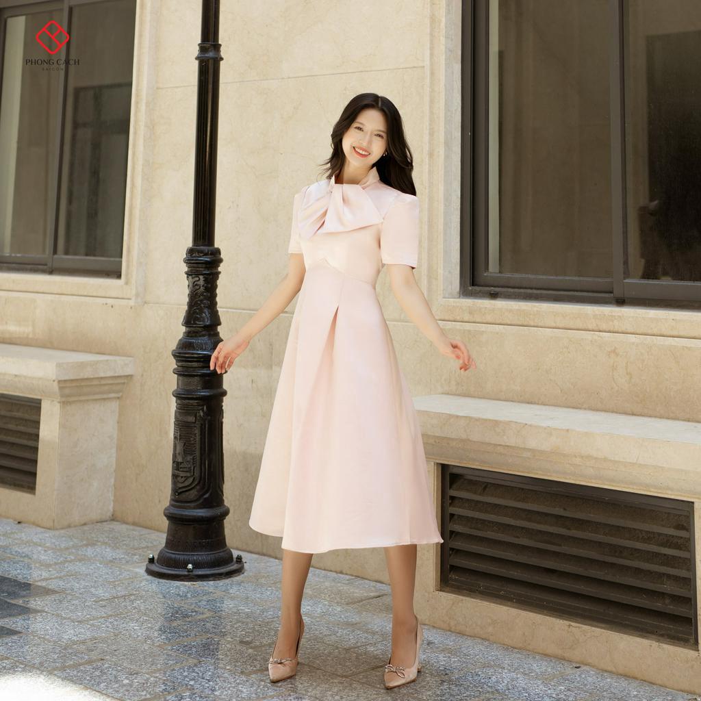Đầm xòe xếp ly tay con nơ ngực sang trọng SD1448 - Phong Cách SAIGON