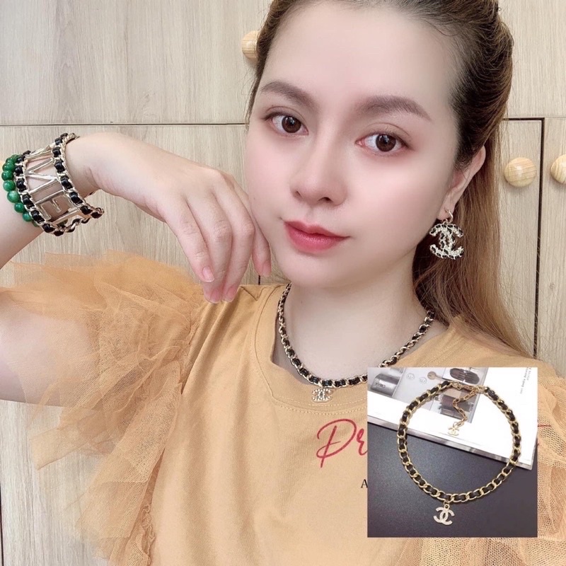 Vòng cổ dây chuyền phối da nữ sang chảnh