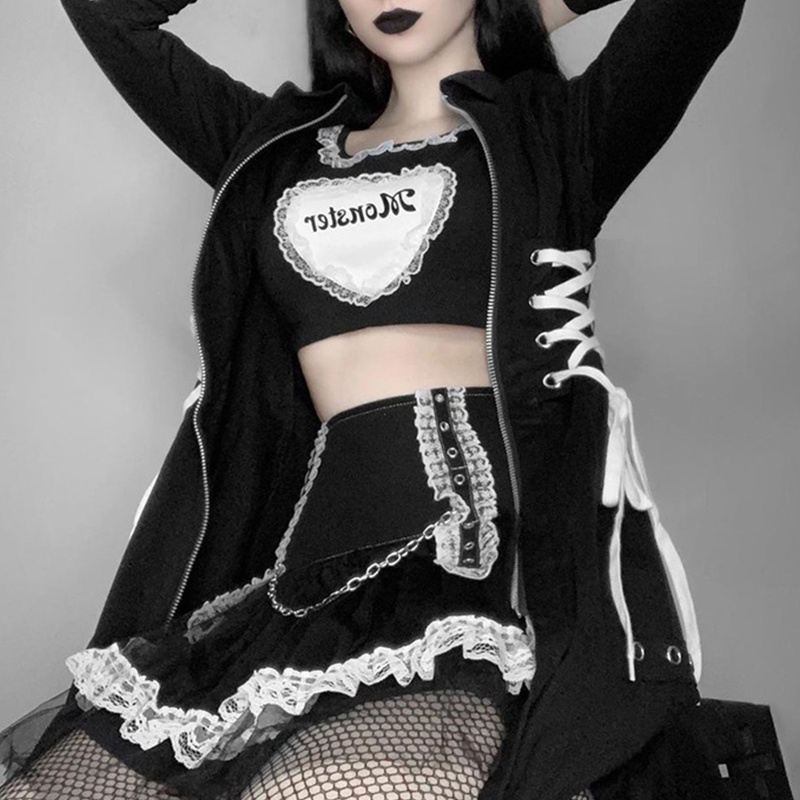 Áo Croptop Tay Phồng Ngắn In Chữ Phong Cách Gothic Thời Trang Cho Nữ