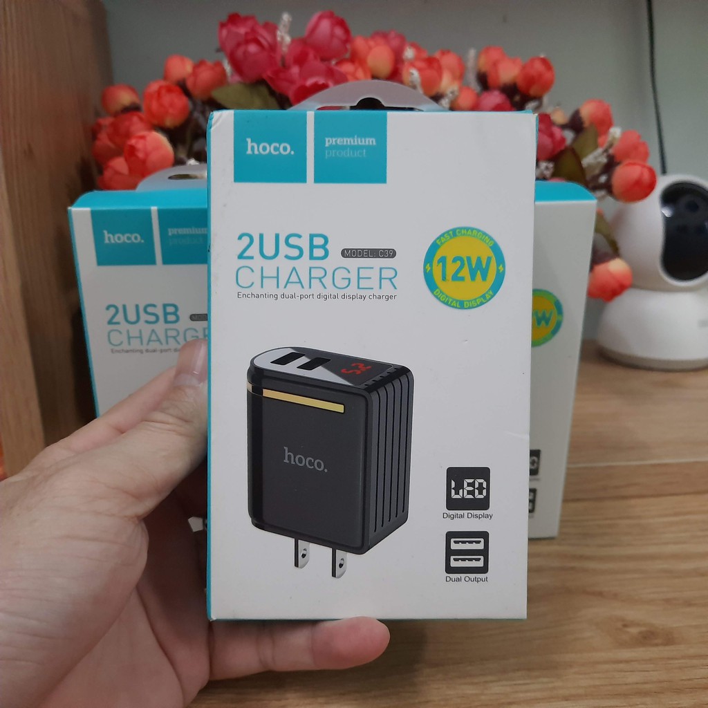 Củ sạc điện thoại Sạc Nhanh 2 Cổng 2.4A Đèn Led 12w Hoco C39