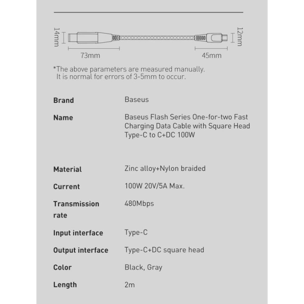 Cáp sạc đa năng Baseus 100W USB C Sang DC 55x25 cho laptop Lenovo/ Asus/ Toshiba (CA1T2)