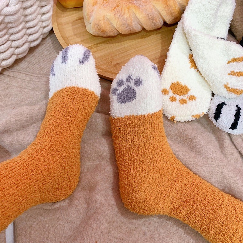 Tất/vớ bông len xù cao cổ người lớn họa tiết bàn chân mèo cute nhiều mẫu đáng yêu