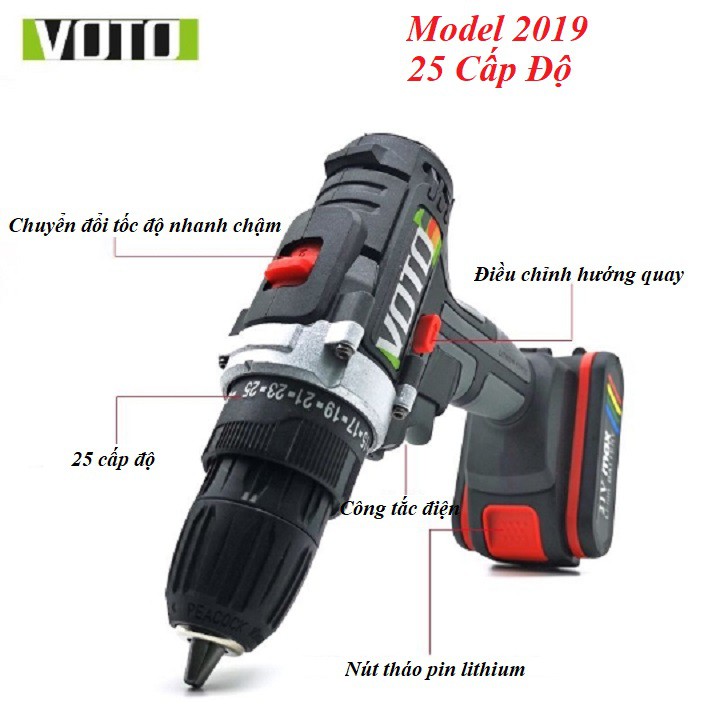 Khoan Pin 2 Tốc Độ Voto Model 2019 - Pin, 1 Sạc, Hộp Nhựa, 1 Vít