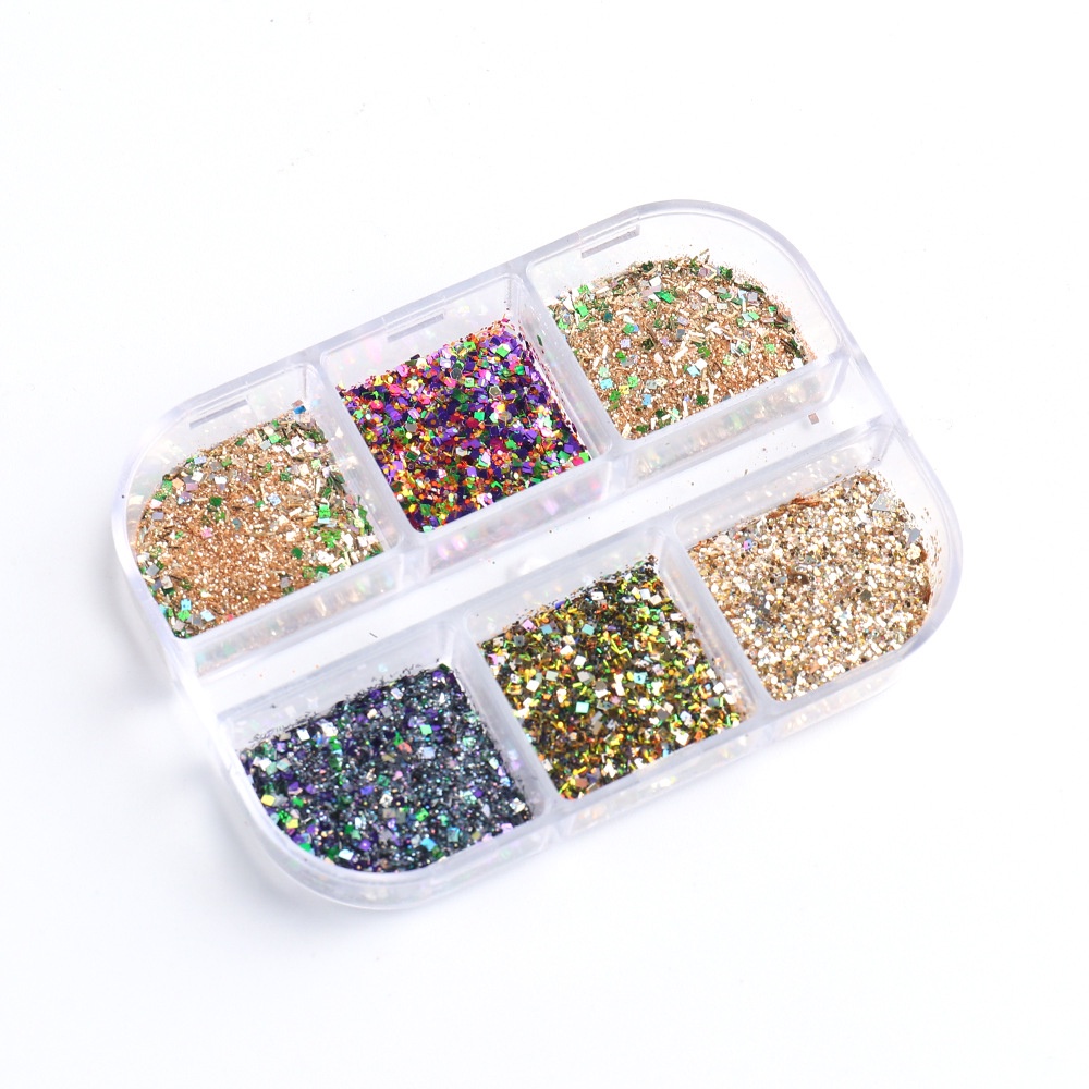 (Hàng Mới Về) Set 6 Hộp Bột Kim Tuyến Lấp Lánh Nhiều Màu Sắc Trang Trí Móng Nghệ Thuật