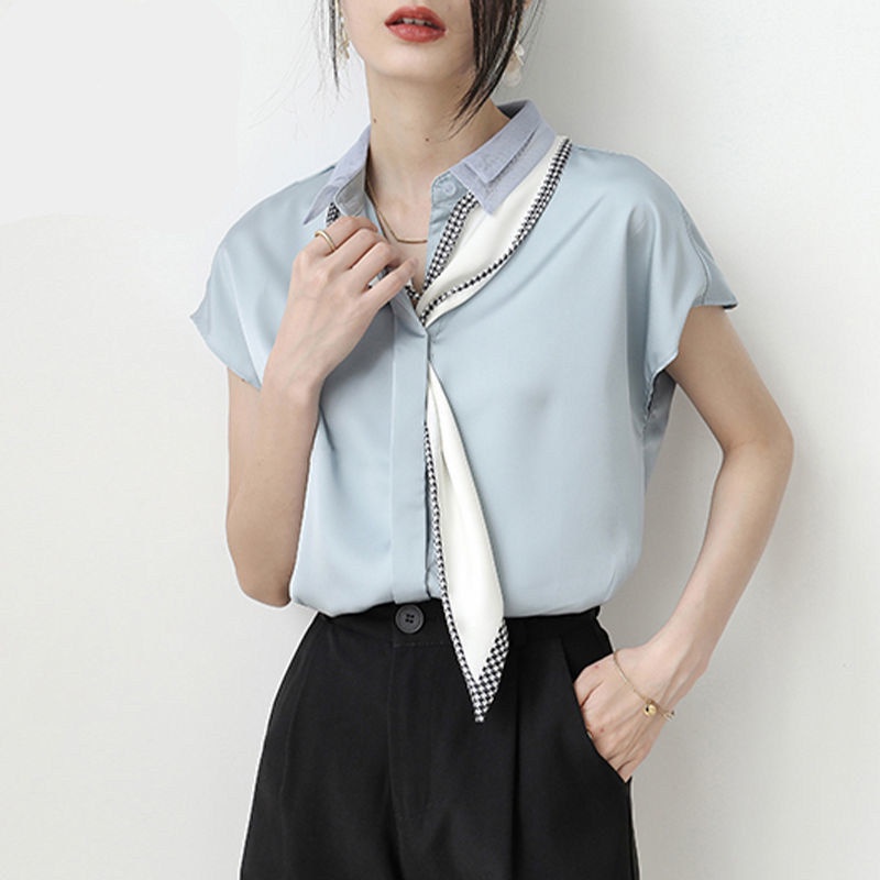 Summer white shirt retro style chiffon white shirt lady's niche shirt short-sleeved top girl