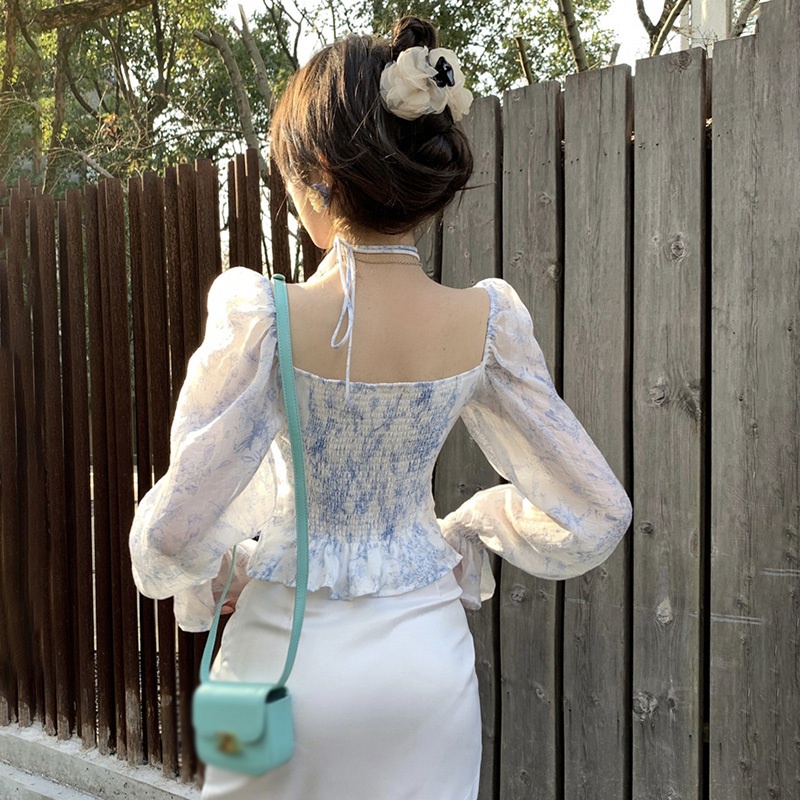 Áo Sơ Mi Voan Hoa Cổ Vuông Tay Dài Thời Trang Hàn Quốc Dành Cho Nữ