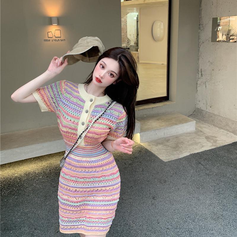 CHANEL Đầm dệt kim dáng ôm kẻ sọc màu cầu vồng thời trang mùa hè cho nữ
 | BigBuy360 - bigbuy360.vn
